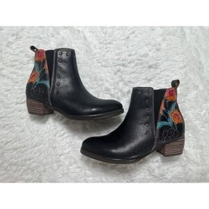 L'Artiste Spring Step Jasida Black Leather Floral Ankle Boots‎ Women's Size 39
